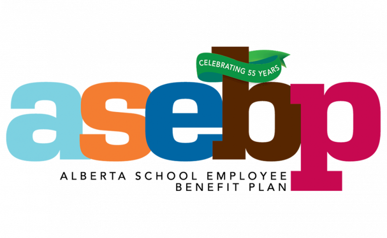 ASEBP&#039;s full-colour logo but instead of leaves on the letter B, there is an emerald green banner with &quot;Celebrating 55 Years&quot;.