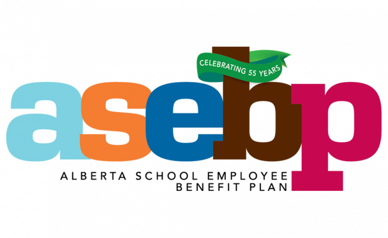 ASEBP's full-colour logo but instead of leaves on the letter B, there is an emerald green banner with "Celebrating 55 Years".