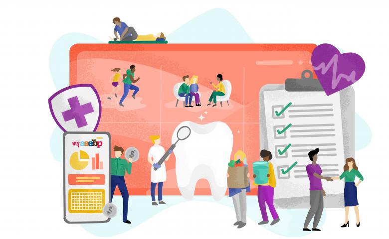 Illustration depicting how ASEBP benefits can support a healthy lifestyle and positive choices, with education workers depicted getting physiotherapy, checking the My ASEBP app, visiting their dentist, running, talking to a psychologist, and buying healthy groceries