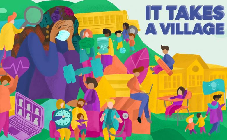 ASEBP custom mental health illustration for the &quot;It Takes a Village&quot; campaign