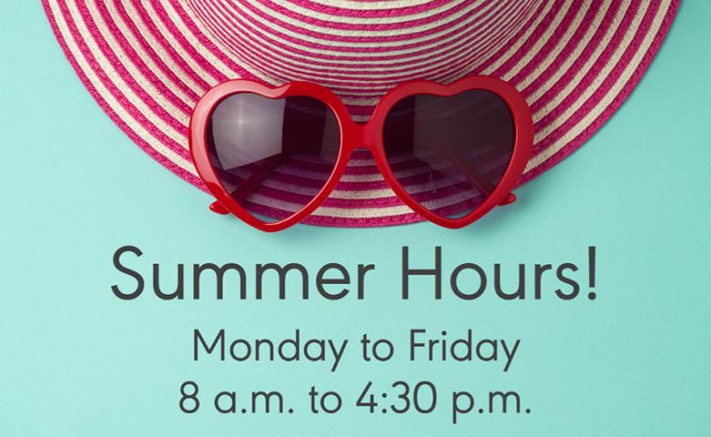 Sunhat and sunglasses on teal background with ASEBP&#039;s summer hours overlaid: Monday to Friday, 8 a.m. to 4:30 p.m.