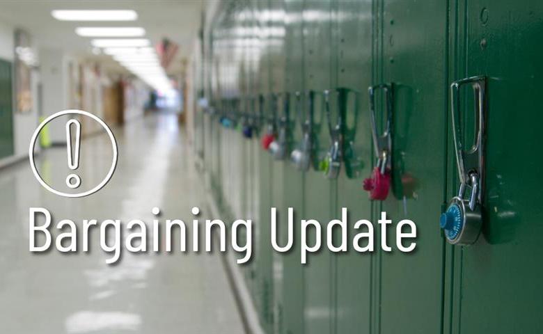 Empty high school hallway with lockers and text that reads bargaining update